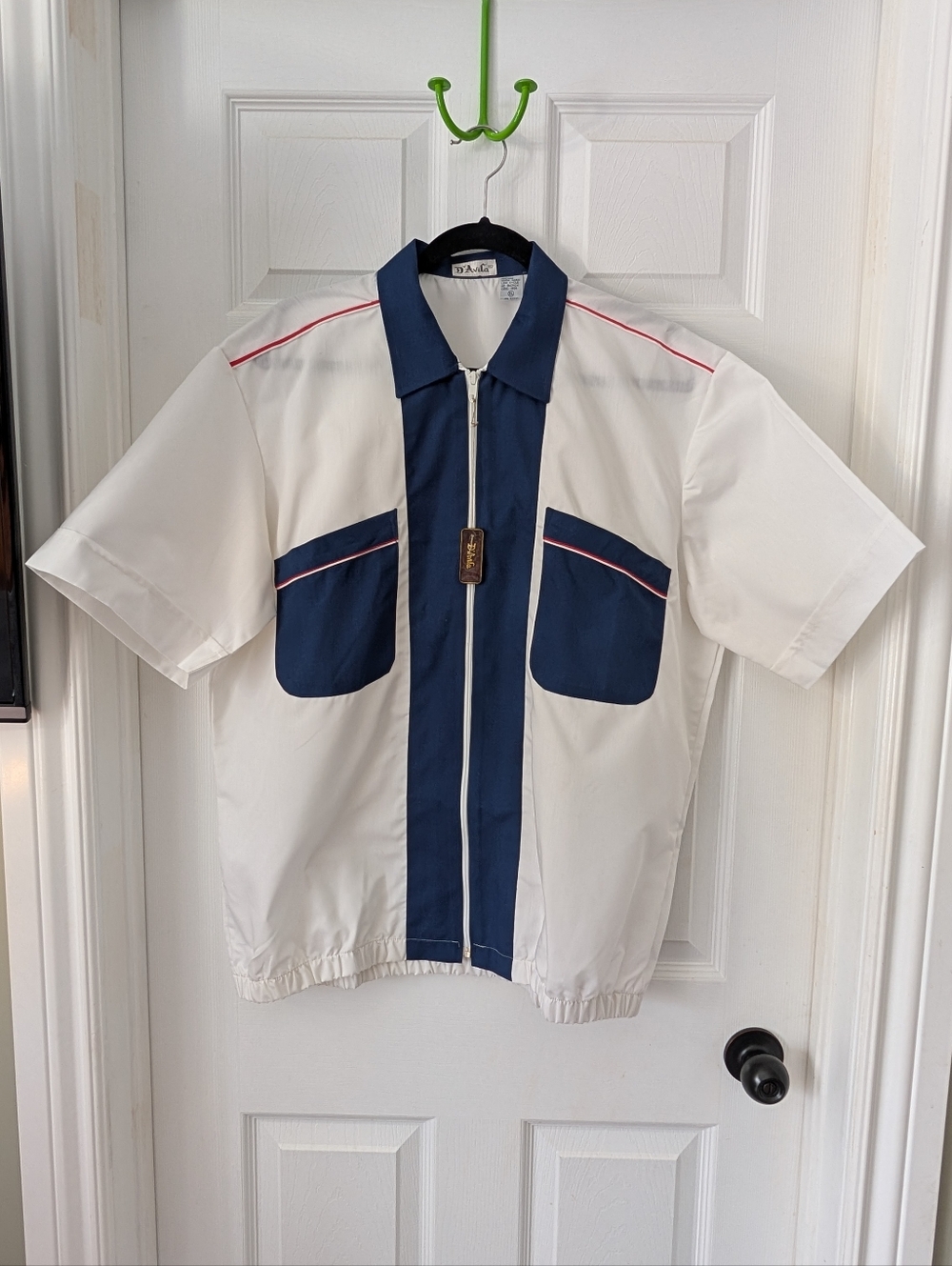 Vintage D’Avila Men's Zip-Up Short Sleeve Shirt Blue White 80s 90s XL NWT